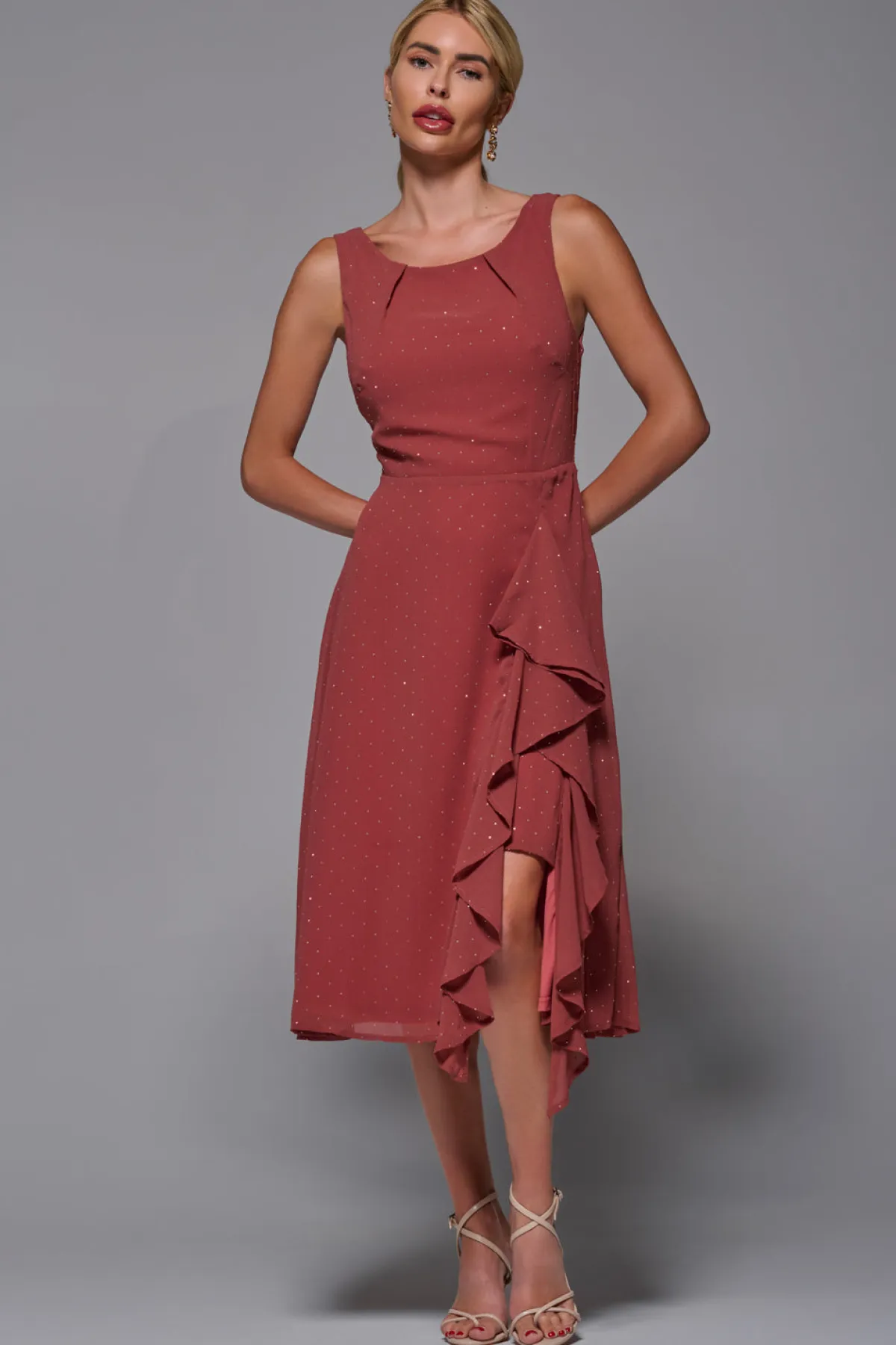 Jolie Moi Occasion Dresses|Party Dresses-Embellished Frill Hem Ciffon Dress, Rust