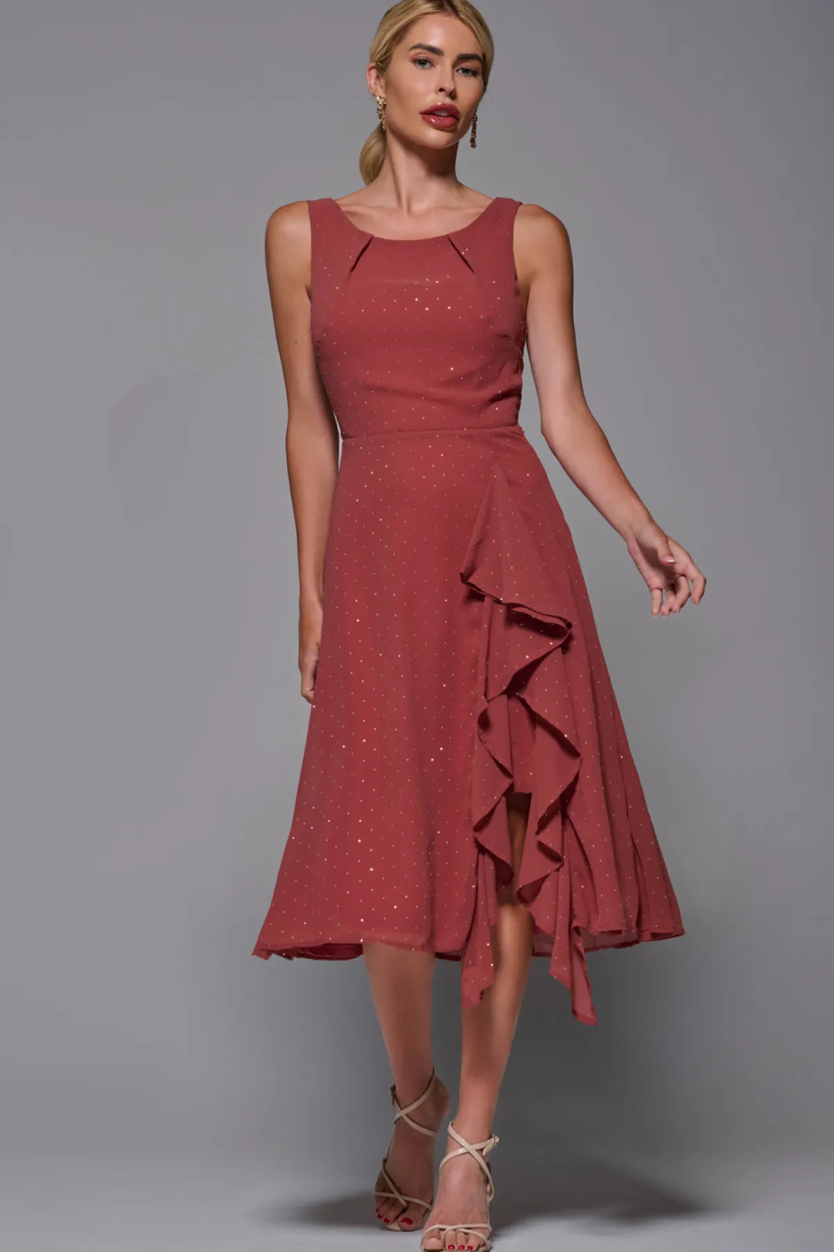 Jolie Moi Occasion Dresses|Party Dresses-Embellished Frill Hem Ciffon Dress, Rust
