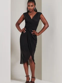 Jolie Moi Occasion Dresses|Midi Dresses-Embellished Ruched Mesh Midi Dress, Black