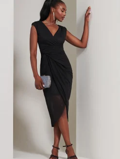 Jolie Moi Occasion Dresses|Midi Dresses-Embellished Ruched Mesh Midi Dress, Black