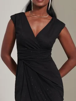 Jolie Moi Occasion Dresses|Midi Dresses-Embellished Ruched Mesh Midi Dress, Black