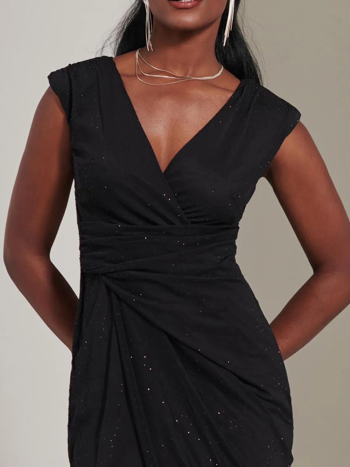 Jolie Moi Occasion Dresses|Midi Dresses-Embellished Ruched Mesh Midi Dress, Black