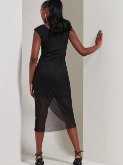 Jolie Moi Occasion Dresses|Midi Dresses-Embellished Ruched Mesh Midi Dress, Black