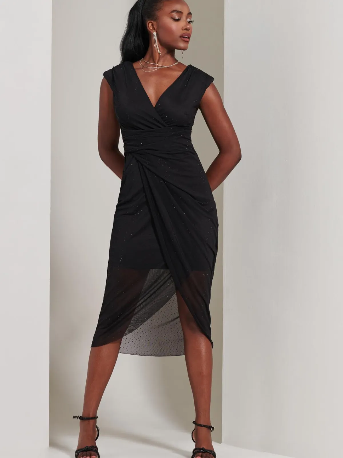 Jolie Moi Occasion Dresses|Midi Dresses-Embellished Ruched Mesh Midi Dress, Black