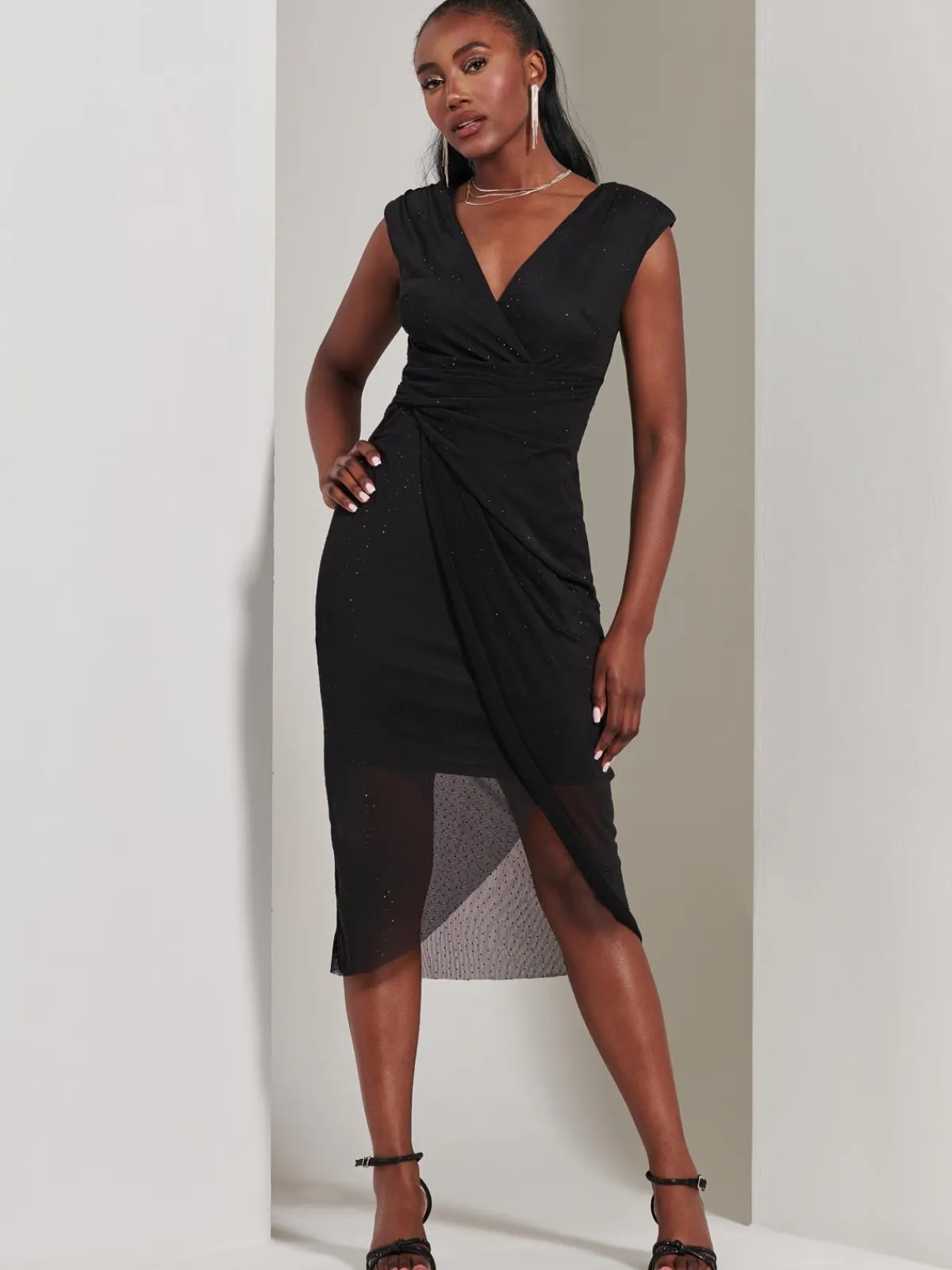 Jolie Moi Occasion Dresses|Midi Dresses-Embellished Ruched Mesh Midi Dress, Black