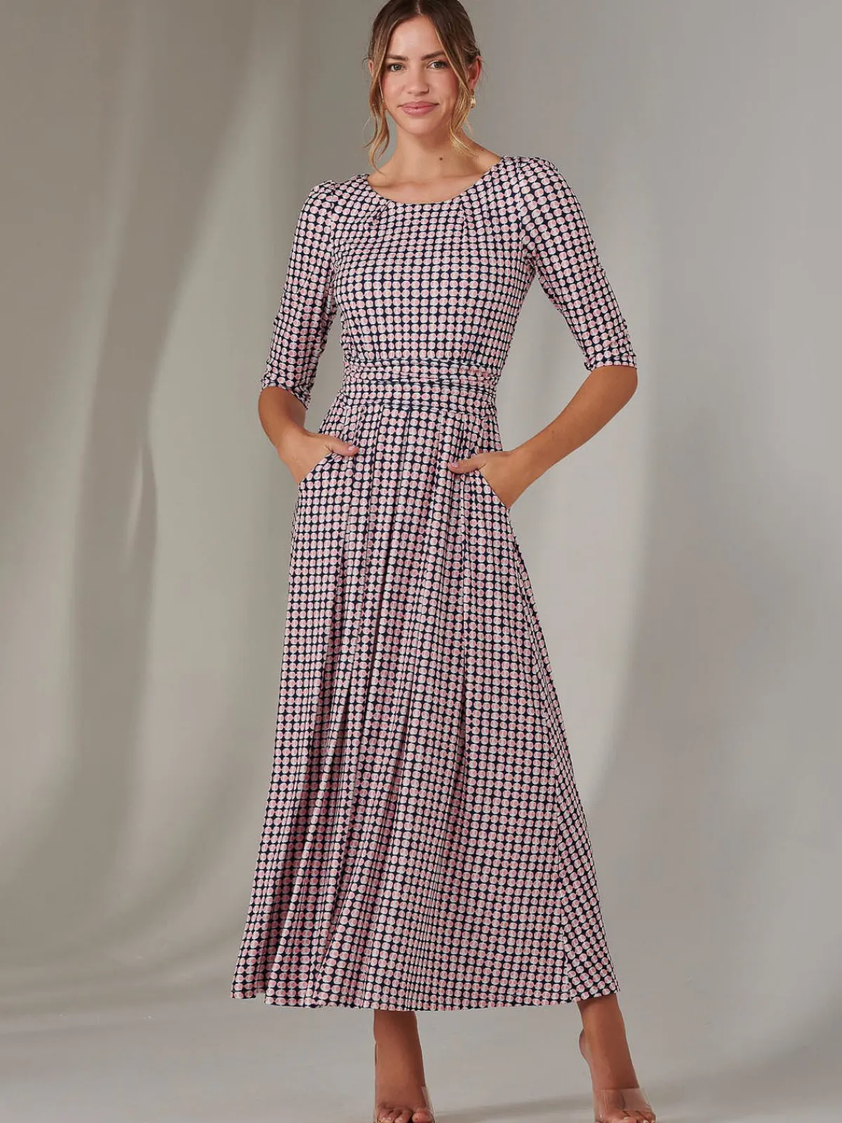 Jolie Moi Office Wear|Office Dresses-Enya 3/4 Sleeve Jersey Midaxi Dress, Pink Geo