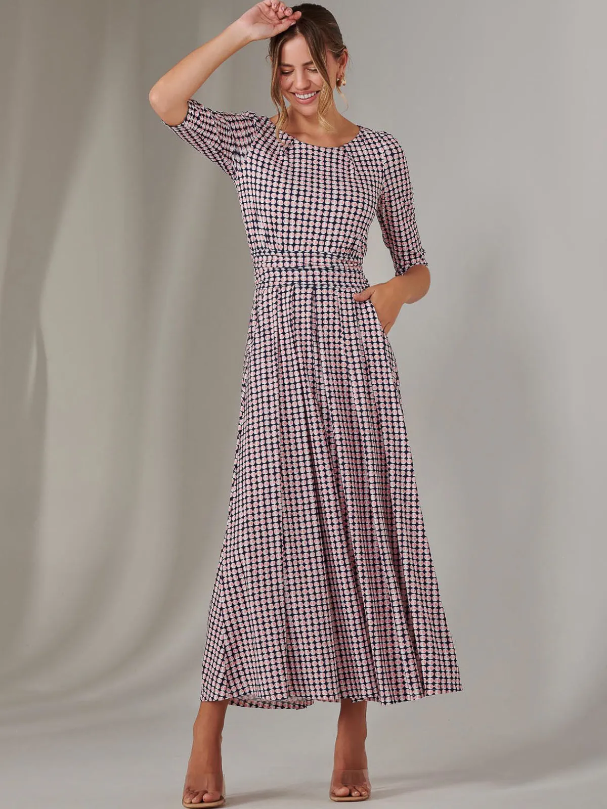 Jolie Moi Office Wear|Office Dresses-Enya 3/4 Sleeve Jersey Midaxi Dress, Pink Geo
