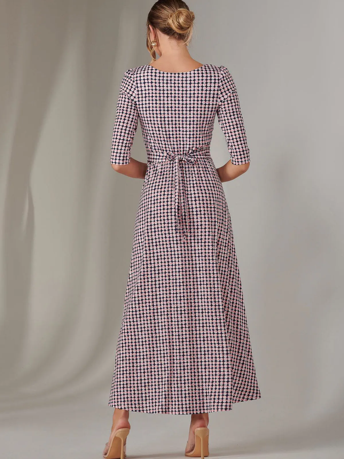 Jolie Moi Office Wear|Office Dresses-Enya 3/4 Sleeve Jersey Midaxi Dress, Pink Geo