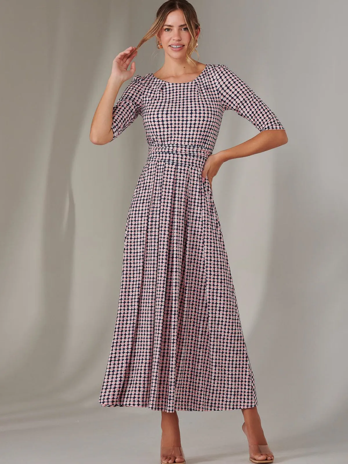 Jolie Moi Office Wear|Office Dresses-Enya 3/4 Sleeve Jersey Midaxi Dress, Pink Geo