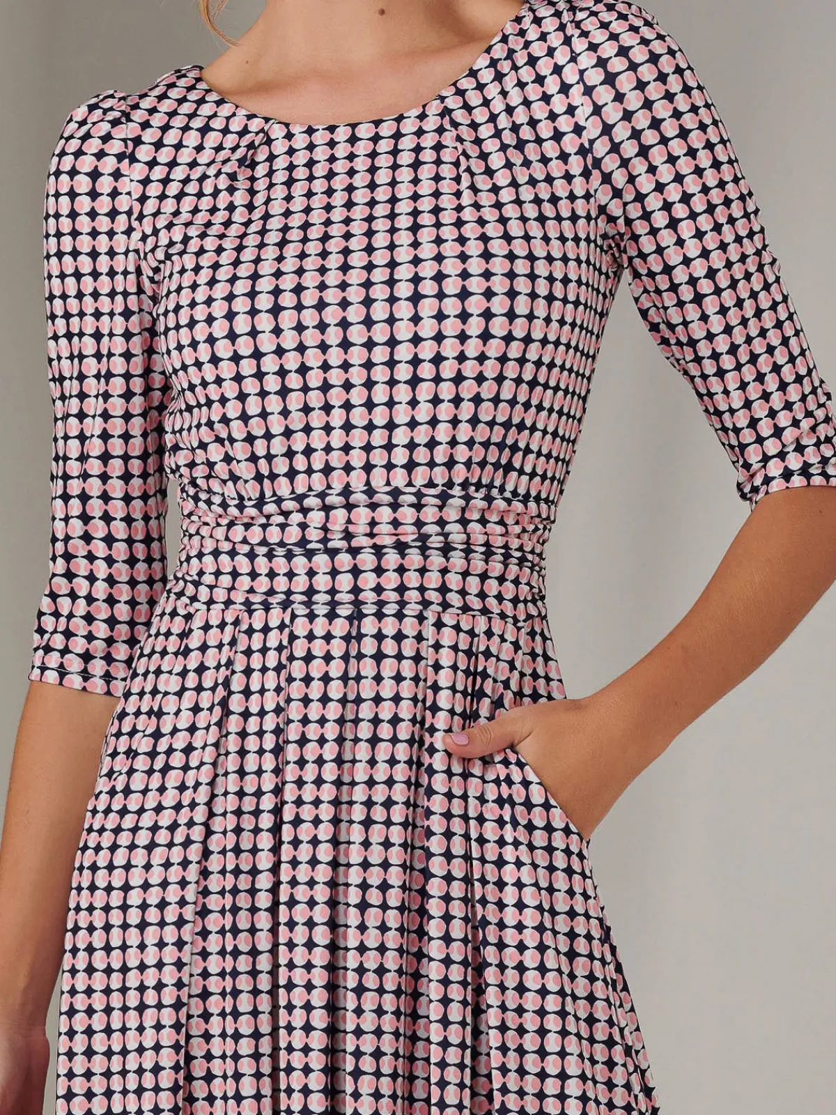 Jolie Moi Office Wear|Office Dresses-Enya 3/4 Sleeve Jersey Midaxi Dress, Pink Geo