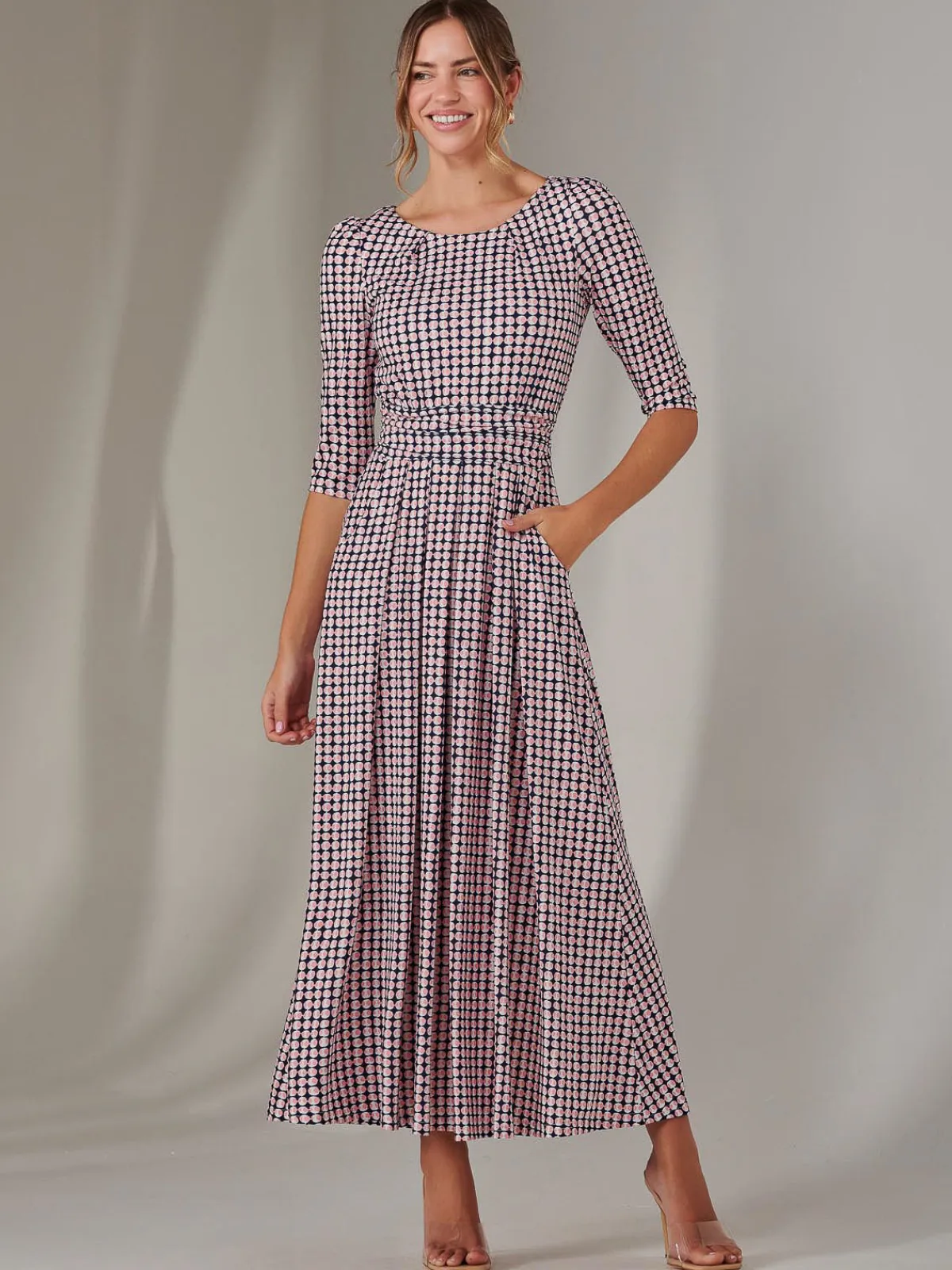Jolie Moi Office Wear|Office Dresses-Enya 3/4 Sleeve Jersey Midaxi Dress, Pink Geo