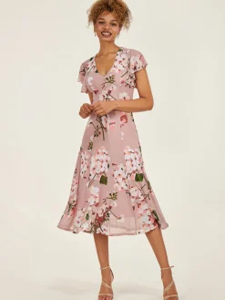 Jolie Moi Occasion Dresses|Floral Dresses-Essie Fit & Flare Mesh Dress, Pink Floral