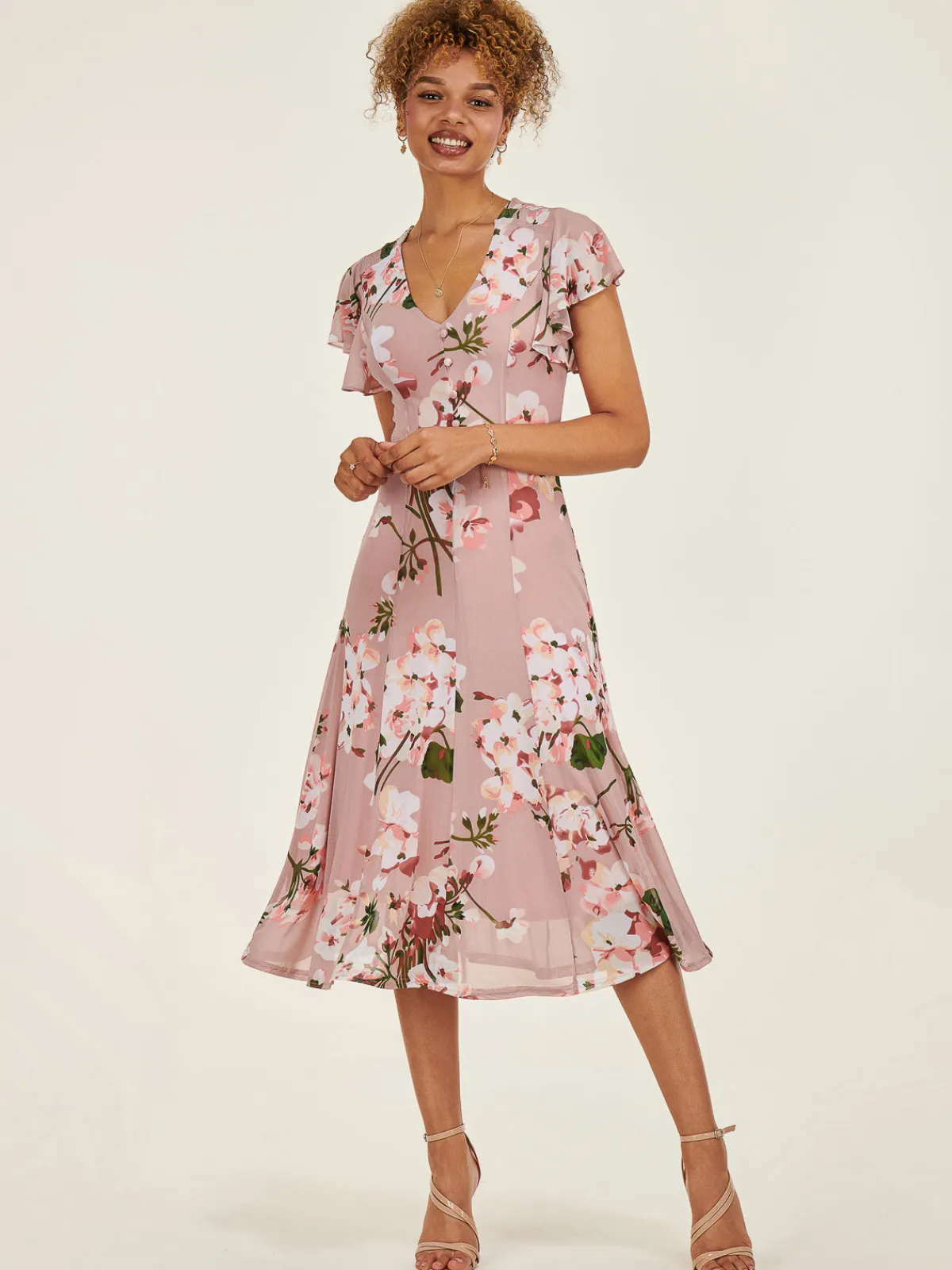 Jolie Moi Occasion Dresses|Floral Dresses-Essie Fit & Flare Mesh Dress, Pink Floral