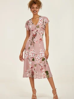 Jolie Moi Occasion Dresses|Floral Dresses-Essie Fit & Flare Mesh Dress, Pink Floral