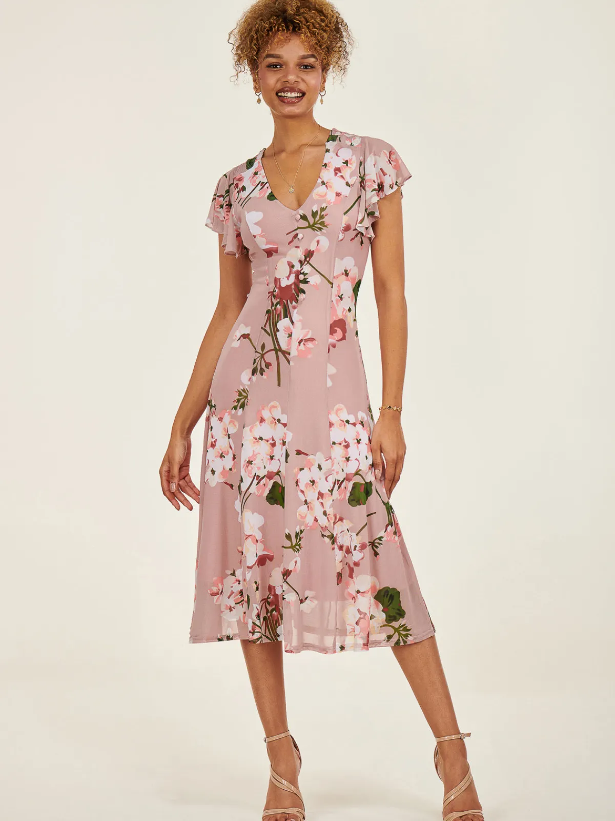 Jolie Moi Occasion Dresses|Floral Dresses-Essie Fit & Flare Mesh Dress, Pink Floral