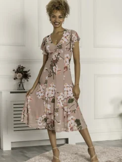 Jolie Moi Occasion Dresses|Floral Dresses-Essie Fit & Flare Mesh Dress, Pink Floral
