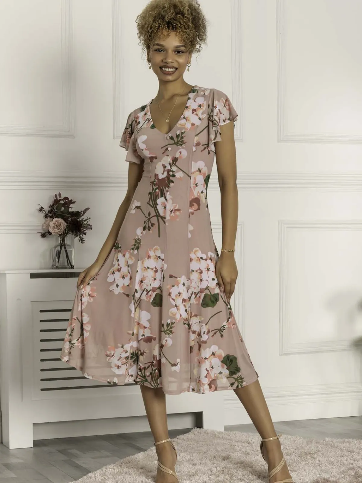 Jolie Moi Occasion Dresses|Floral Dresses-Essie Fit & Flare Mesh Dress, Pink Floral