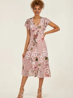 Jolie Moi Occasion Dresses|Floral Dresses-Essie Fit & Flare Mesh Dress, Pink Floral