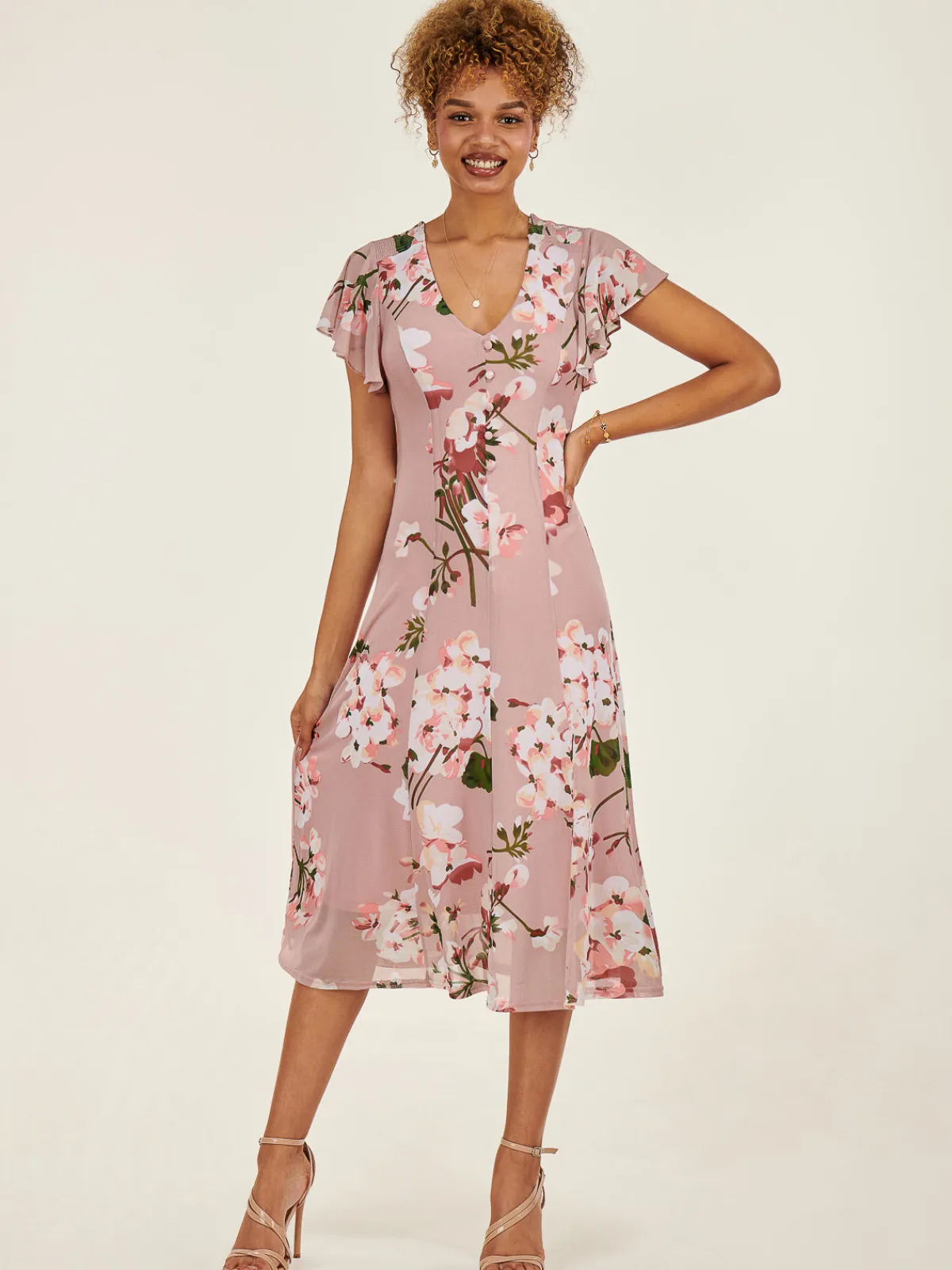 Jolie Moi Occasion Dresses|Floral Dresses-Essie Fit & Flare Mesh Dress, Pink Floral
