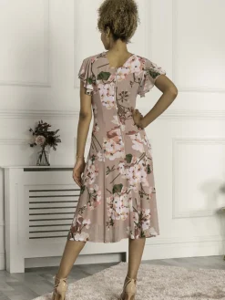 Jolie Moi Occasion Dresses|Floral Dresses-Essie Fit & Flare Mesh Dress, Pink Floral