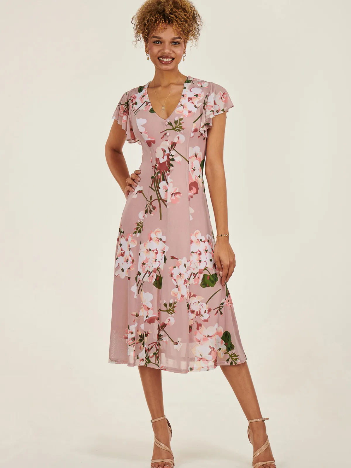 Jolie Moi Occasion Dresses|Floral Dresses-Essie Fit & Flare Mesh Dress, Pink Floral