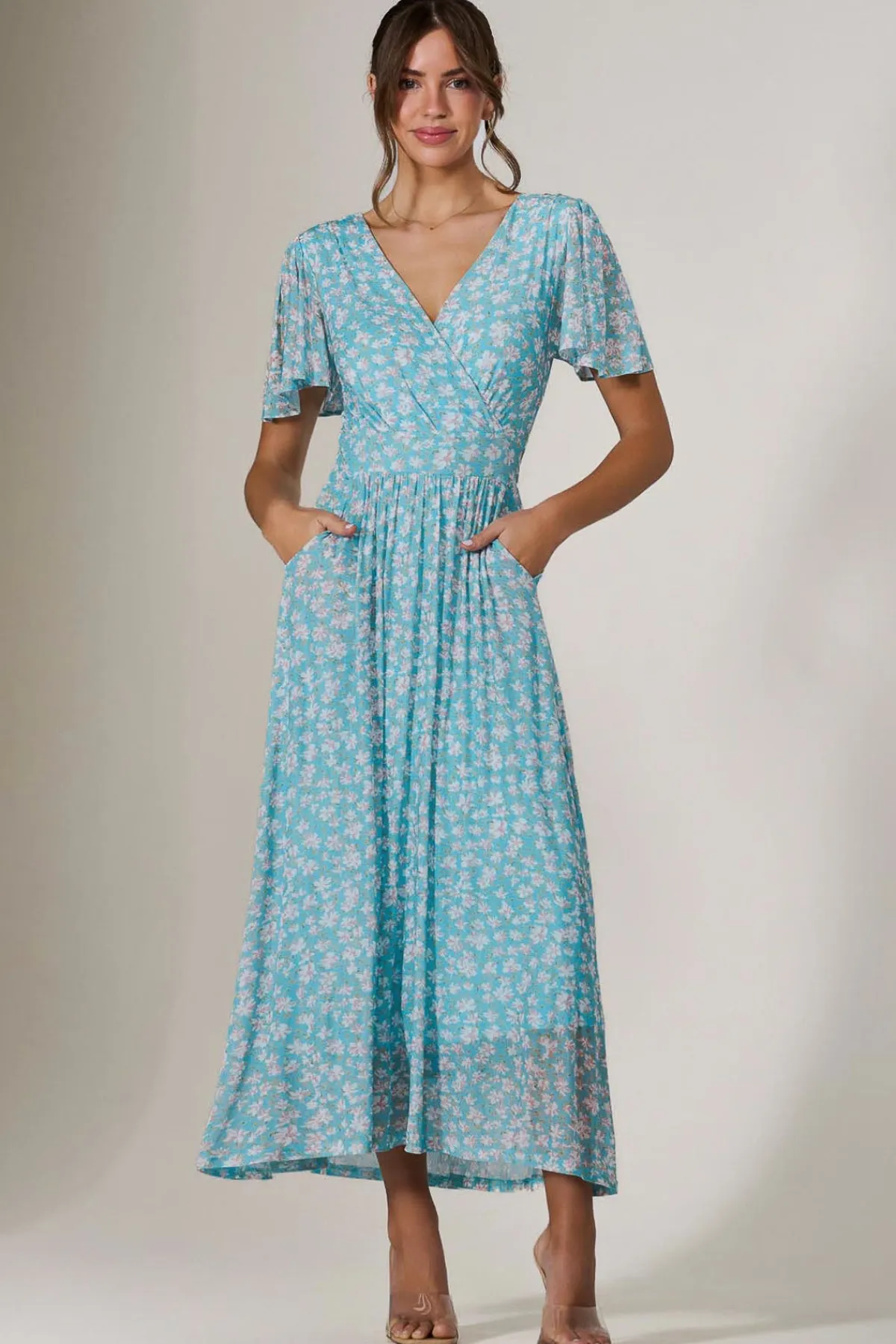 Jolie Moi Occasion Dresses|Floral Dresses-Evelyn Angel Sleeve Mesh Maxi Dress, Green Floral