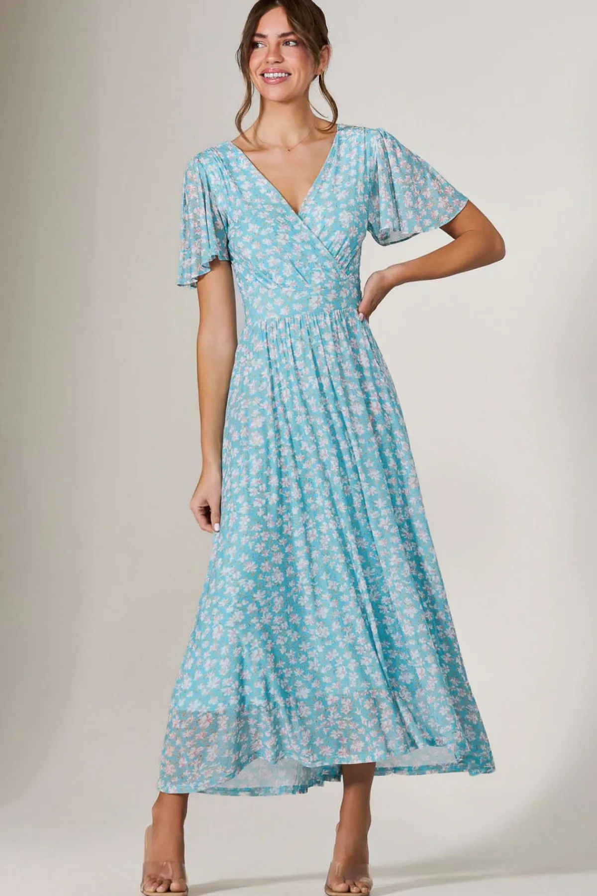 Jolie Moi Occasion Dresses|Floral Dresses-Evelyn Angel Sleeve Mesh Maxi Dress, Green Floral