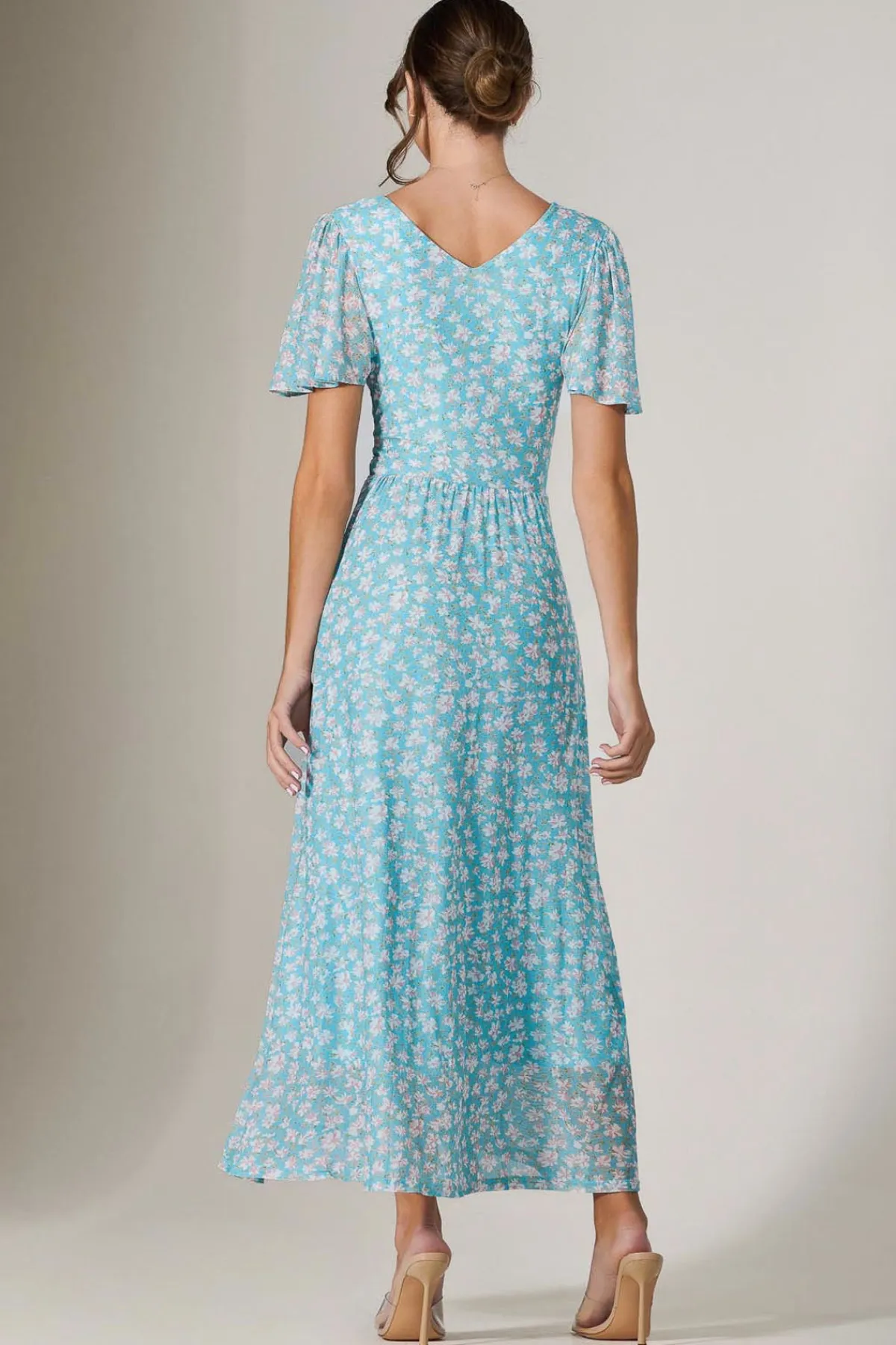 Jolie Moi Occasion Dresses|Floral Dresses-Evelyn Angel Sleeve Mesh Maxi Dress, Green Floral