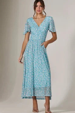 Jolie Moi Occasion Dresses|Floral Dresses-Evelyn Angel Sleeve Mesh Maxi Dress, Green Floral