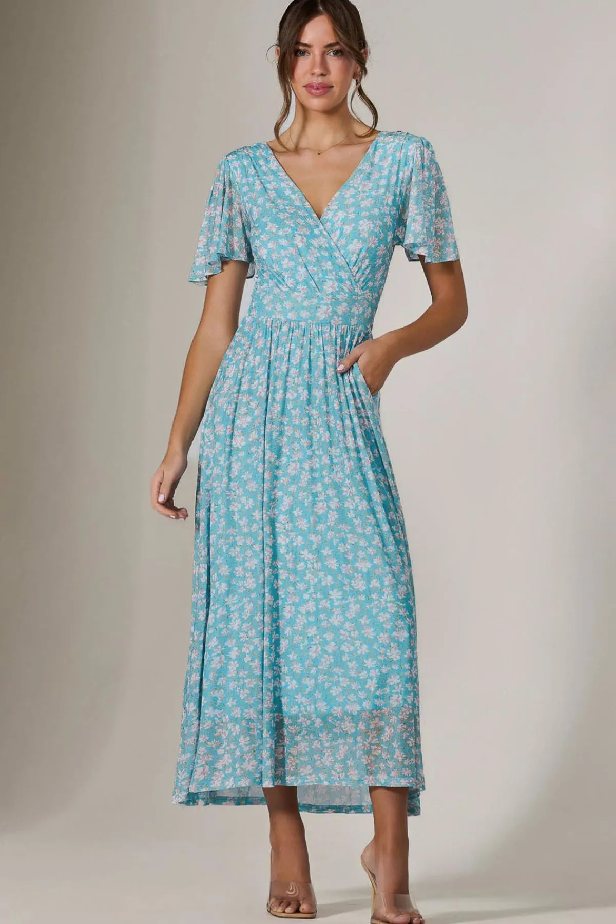 Jolie Moi Occasion Dresses|Floral Dresses-Evelyn Angel Sleeve Mesh Maxi Dress, Green Floral