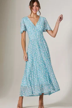 Jolie Moi Occasion Dresses|Floral Dresses-Evelyn Angel Sleeve Mesh Maxi Dress, Green Floral