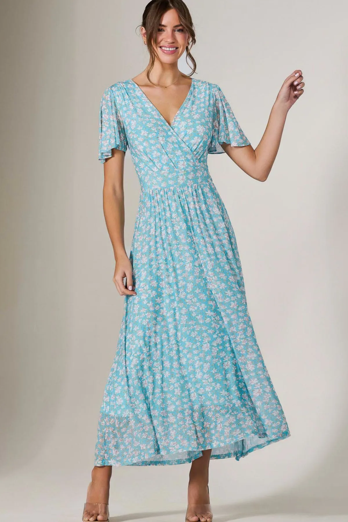 Jolie Moi Occasion Dresses|Floral Dresses-Evelyn Angel Sleeve Mesh Maxi Dress, Green Floral