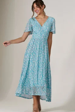 Jolie Moi Occasion Dresses|Floral Dresses-Evelyn Angel Sleeve Mesh Maxi Dress, Green Floral