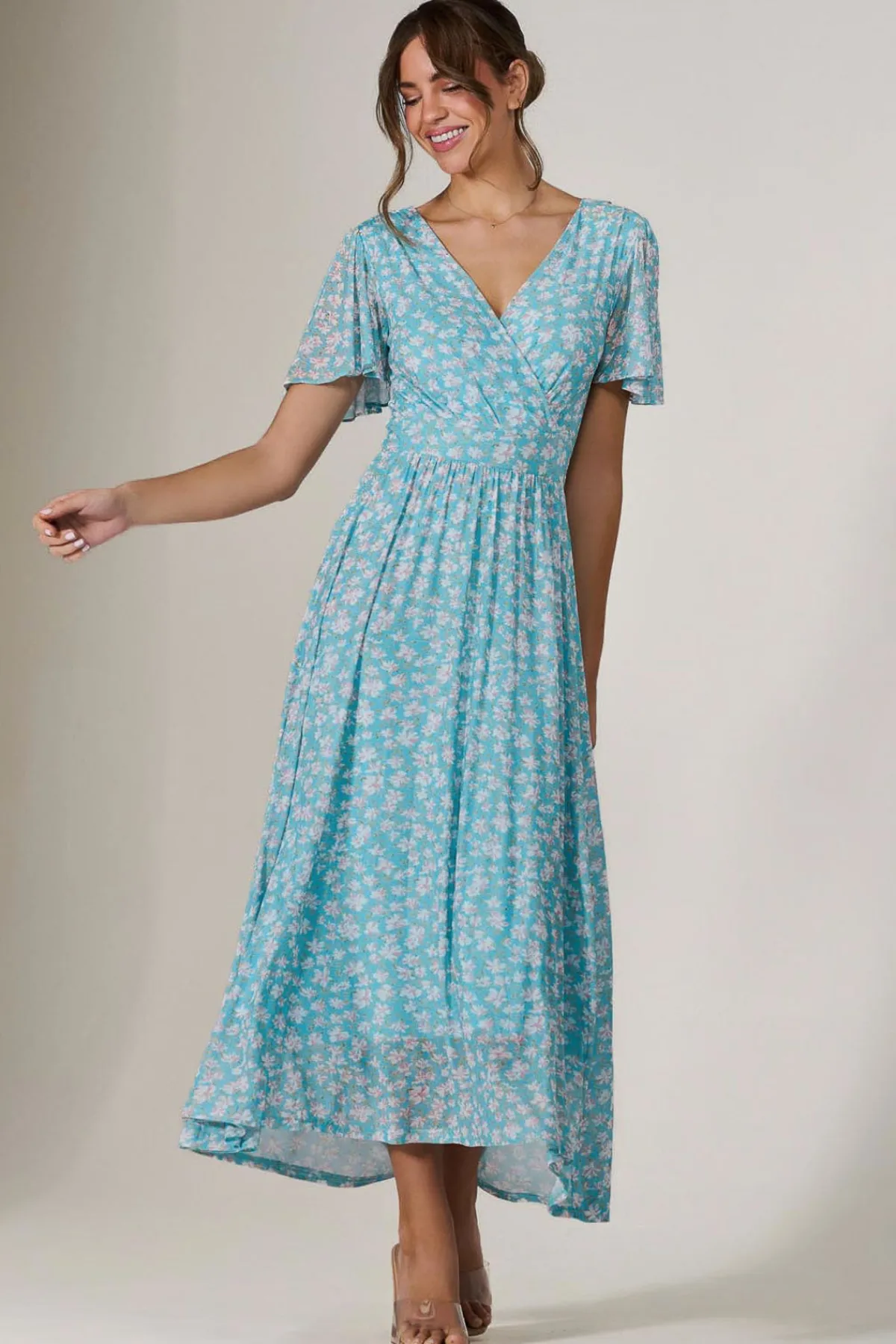 Jolie Moi Occasion Dresses|Floral Dresses-Evelyn Angel Sleeve Mesh Maxi Dress, Green Floral
