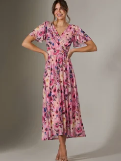 Jolie Moi Maxi Dresses|Summer Dresses-Evelyn Angel Sleeve Mesh Maxi Dress, Pink Abstract