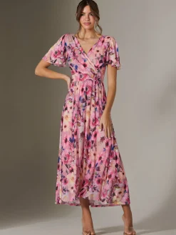 Jolie Moi Maxi Dresses|Summer Dresses-Evelyn Angel Sleeve Mesh Maxi Dress, Pink Abstract