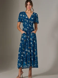 Jolie Moi Occasion Dresses|Floral Dresses-Evelyn Angel Sleeve Mesh Maxi Dress, Teal Floral