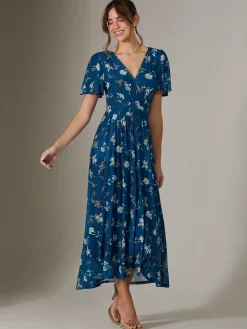 Jolie Moi Occasion Dresses|Floral Dresses-Evelyn Angel Sleeve Mesh Maxi Dress, Teal Floral