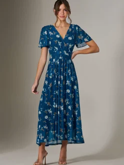 Jolie Moi Occasion Dresses|Floral Dresses-Evelyn Angel Sleeve Mesh Maxi Dress, Teal Floral