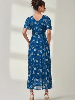 Jolie Moi Occasion Dresses|Floral Dresses-Evelyn Angel Sleeve Mesh Maxi Dress, Teal Floral