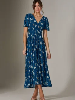 Jolie Moi Occasion Dresses|Floral Dresses-Evelyn Angel Sleeve Mesh Maxi Dress, Teal Floral