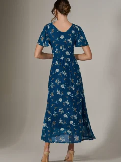 Jolie Moi Occasion Dresses|Floral Dresses-Evelyn Angel Sleeve Mesh Maxi Dress, Teal Floral