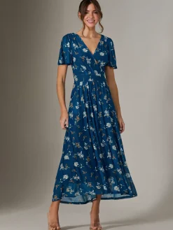 Jolie Moi Occasion Dresses|Floral Dresses-Evelyn Angel Sleeve Mesh Maxi Dress, Teal Floral