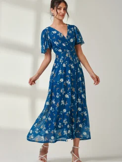 Jolie Moi Occasion Dresses|Floral Dresses-Evelyn Angel Sleeve Mesh Maxi Dress, Teal Floral