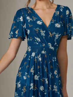 Jolie Moi Occasion Dresses|Floral Dresses-Evelyn Angel Sleeve Mesh Maxi Dress, Teal Floral