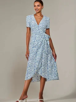 Jolie Moi Floral Dresses|Wrap Dresses-Faux Wrap Midaxi Dress, Blue Floral
