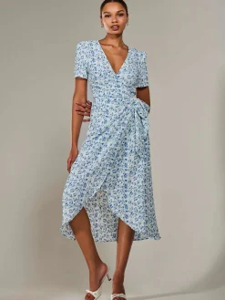 Jolie Moi Floral Dresses|Wrap Dresses-Faux Wrap Midaxi Dress, Blue Floral