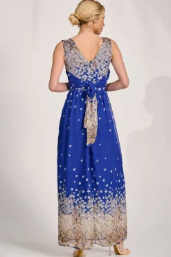 Jolie Moi Occasion Dresses|Floral Dresses-Feather Belted Maxi Dress, Blue Floral