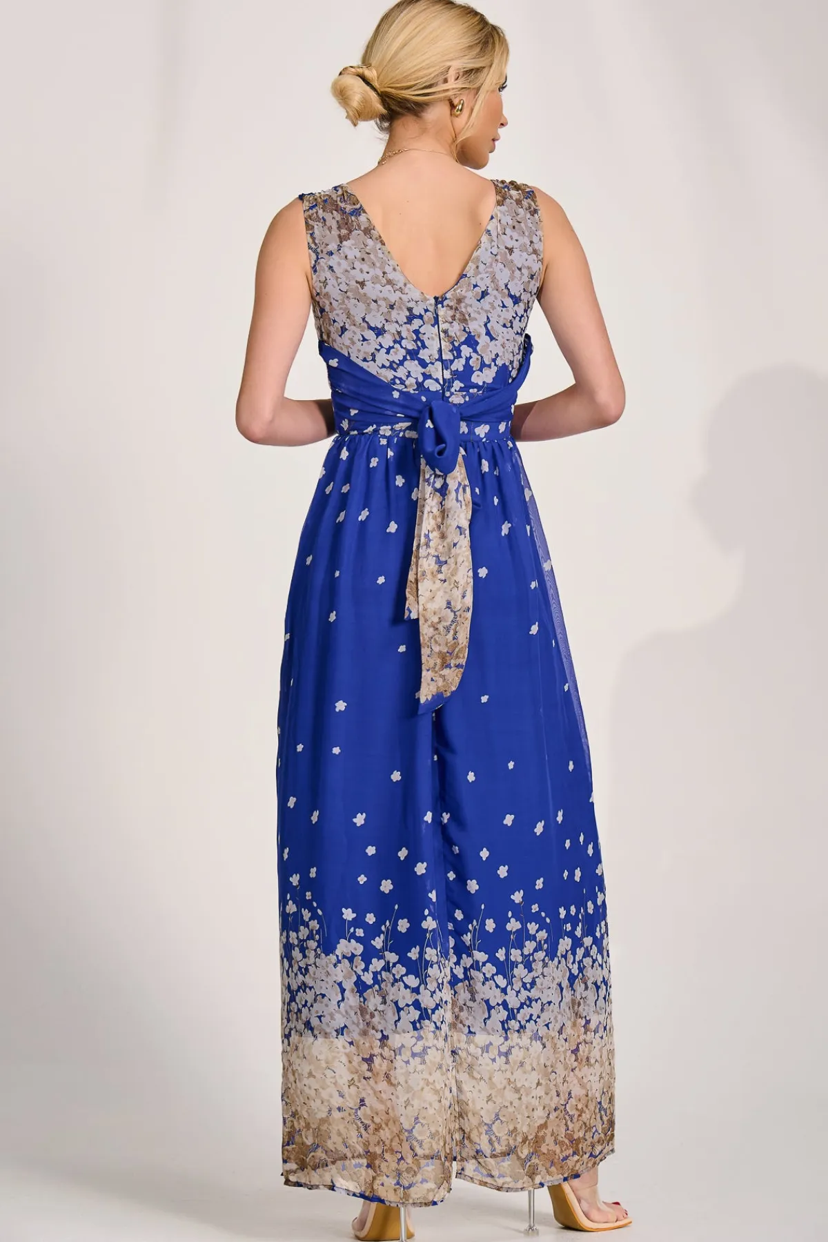 Jolie Moi Occasion Dresses|Floral Dresses-Feather Belted Maxi Dress, Blue Floral