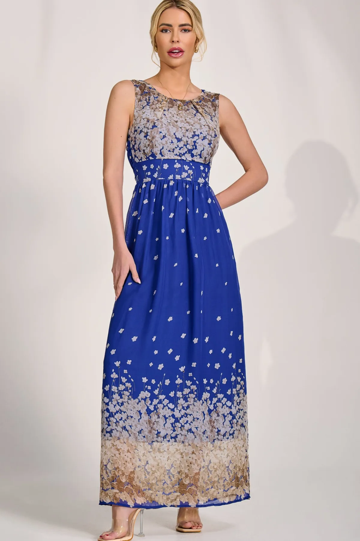 Jolie Moi Occasion Dresses|Floral Dresses-Feather Belted Maxi Dress, Blue Floral